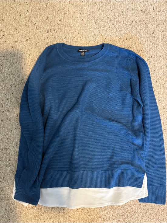 Hilary Radley Tops - Hilary Radley Blue Sweater Top with White Layered Hem